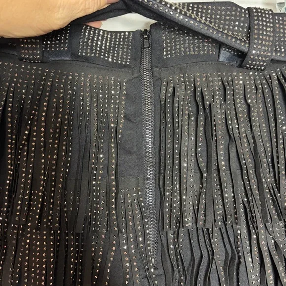 Nylon Apparel Rhinestone Multilayered Tassel Belted Mini Skirt Small Black New - Picture 4 of 8